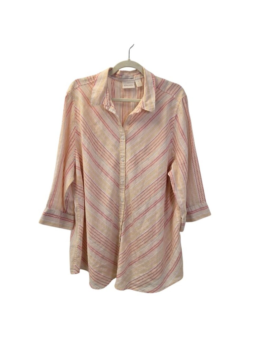 Chico's Non-Iron 100% Linen Striped 3/4 Sleeve Button Down Shirt Size Chico's 4/
